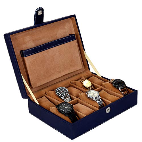 Image of Leather World PU Leather 10 Slots Wrist Watch Box Case Organizer Jewelry Storage for Men and Women (Blue P)