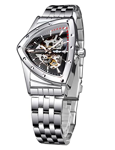 FORSINING Triangular Gold Shield Automatic Mechanical Analog Watch, Oversized Dial Fully Hollowed Out Dial Design, Automatic Movement, 20MM Wide Soft Silicone Strap, Strong and Durable, Silver