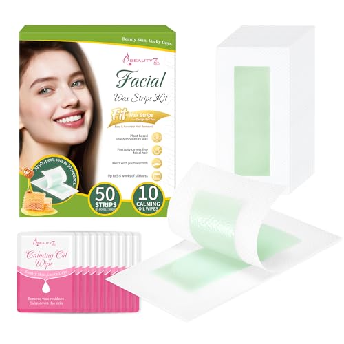 Beauty7 Bandas de Cera Fría para Depilatoria Facial Listas para Usar, 50 Tiras de Cera con 10 Toallitas Calmantes para Todo Tipo de Piel para Mujer