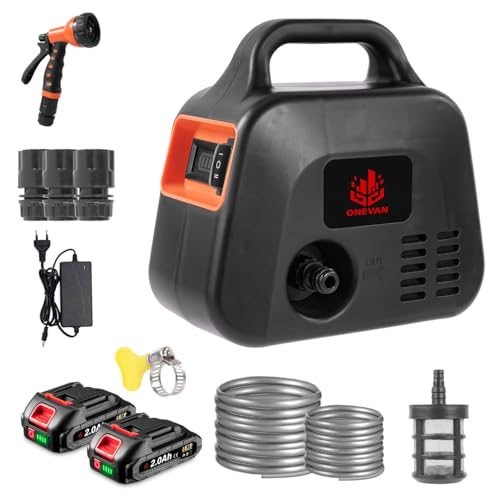 ONEVAN Akku Wasserpumpe, 600L/h Elektrische Gartenpumpe mit zwei 2000mAh Akkus, mit Leistungsanzeige, 2-Gang-Einstellung, Akku Pumpe Wasser Abpumpen inkl. 7-in-1 Düse, Schlauch, Filter ONEVAN Akku Wasserpumpe, 600L/h Elektrische Gartenpumpe mit zwei 2000mAh Akkus, mit Leistungsanzeige, 2-Gang-Einstellung, Akku Pumpe Wasser Abpumpen inkl. 7-in-1 Düse, Schlauch, Filter