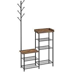 HOMCOM Perchero con Zapatero con 5 Estantes Perchero Zapatero Recibidor con 6 Ganchos para Colgar Bolsos Ropa Estilo Industrial para Pasillo Entrada 92,5x28,2x182 cm Marrón Rústico