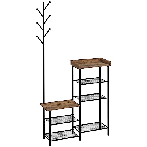 HOMCOM Meuble d'entrée vestiaire entrée 2 en 1 Design Industriel Porte-Manteaux et étagères à Chaussures en Acier - 92,5 x 28,2 x 182 cm Noir