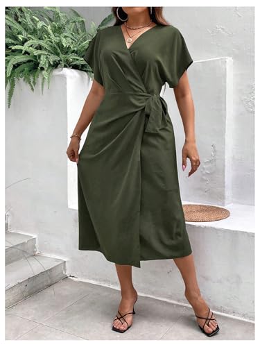 Image of SOLY HUX Women's Plus Size Wrap V Neck Knot Side Midi Dress Short Sleeve Flowy Party Dresses