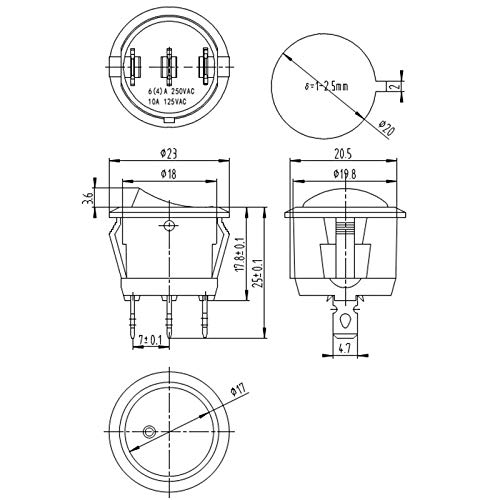 5個入り 丸型 黒 3ピン SPDT ON-OFF ロッカースイッチ スナップイン