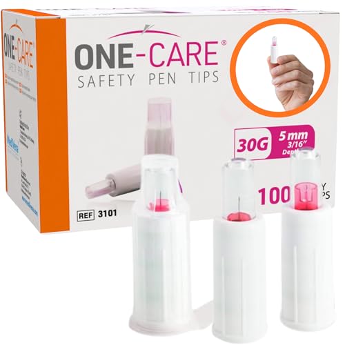 ONE-CARE Safety Pen Tips 30G x 5mm (3/16”), Automatic Shield Design, Universal Twist-On Fit for Most Pen Devices, Individually Sealed, Box of 100