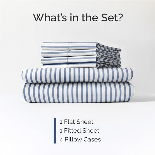 Image of Full 6 Piece Bed Sheet Set - Breathable & Cooling Sheets - Blue Stripes