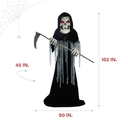 Haunted Hill Farm Motion-Activated 8.5-Ft. Tall Ginormous Reaper, Plug-in Talking Scare Prop Animatronic with Spooky Sound Effects and Lights for Indoor or Covered Outdoor Creepy Halloween Decoration