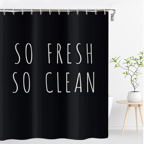 Yeele Black Shower Curtain Waterproof Fabric Polyester SO Fresh SO Clean Letters Funny Bathtub Curtains Modern Unique Bathroom Decoration Set with 12 Hooks,72x72in by Yeele - Used condition - Image 2