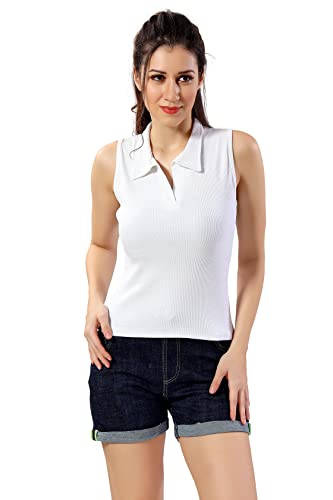 Image of TRASA Women's Sleeveless Rib Knitted Cotton Racer Back Tank Tops Collared Neck Crop Tank Tops - Available Sizes -XS, S, M,L,XL,2XL