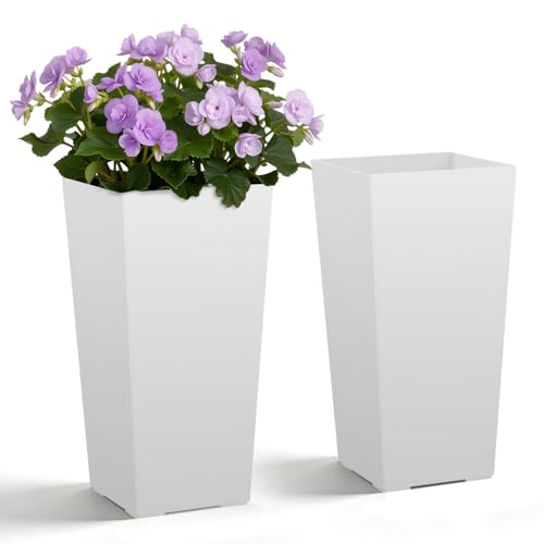 VEVOR Set of 2 Tall Planters for Outdoor Plants 22 inch White Tall Planter for Indoor Plants Modern Planters for Front Porch Patio Balcony Plant Container Flower Pots with Built-in Drainage