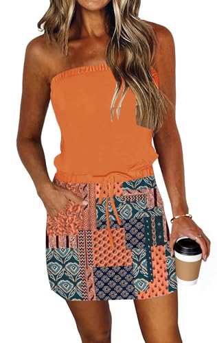 Image of SAUKOLE Summer Dress for Women Strapless Beach Cover Ups Boho Sundress Mini Dress Drawstring Waist with Pockets