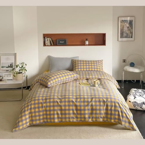 Image of MKXI Purple & Yellow Plaid Duvet Cover Set - 3 Piece Washed Cotton Reversible Bedding Queen Soft Vintage Checkered Design with Zipper Closure & Corner Ties