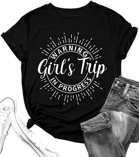 Image of Women's Casual Warning Girls Trip in Progress T-Shirt Casual Crewneck Short Sleeve Graphic Tee