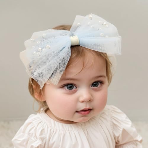 Baby Girls Tulle Bow Elastic Headband Newborn Gauze Bow-knot Stretchy Hair Band with Crystal Birthday Party Hair Bow Ribbon Accessories for Toddler Infant (Bow 2 - Blue, elastic)
