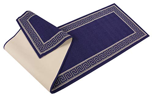 Meander Greek Key Design Navy Blue Grey Bordered Runner Rug, Slip Resistant Rubber Back 2X7 Hallway Rug Runners, Geometric Design Runner Rug #TOP2