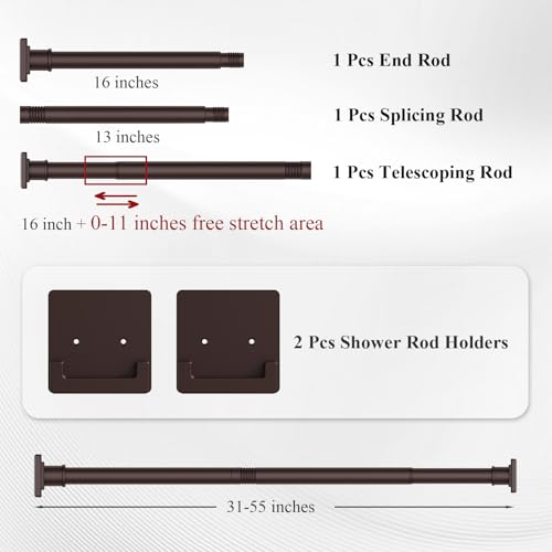 Image of UIOSANRT Brown Shower Curtain Rod 31-55 inches, Stainless Steel Shower Rod & Tension Rod, Adjustable Tension Shower Rod for Bathroom, Windows, Closet