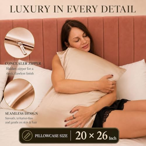 Image of Mulberry Silk Pillowcase - Standard 20x26 Inch - 22 Momme Highest Grade Silk - Cooling for Hair & Skin - Breathable Anti-Frizz with Hidden Zipper - Soft Luxury Pillow Cover - Golden Hour