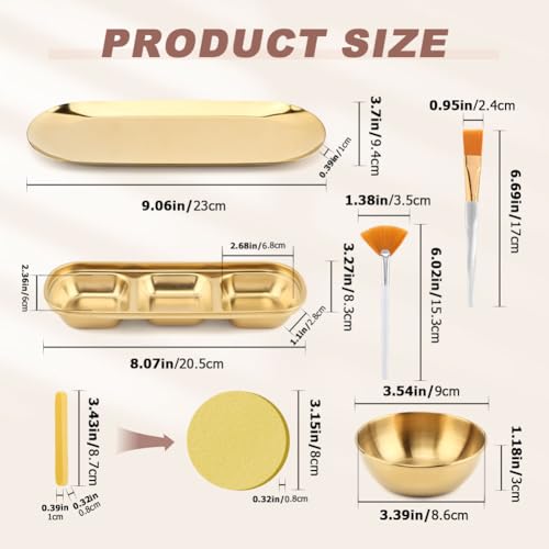 Qirvaten 23Pcs Esthetician Supplies for Facials Set, 3 Gold Mixing Bowls Serving Tray 3- Compartment Serving Tray 3- Facial Fan Brushes 3-- Flat Brushes, 12 Facial Sponge Compressed Round