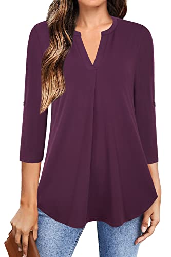 Siddhe Blusenshirt Damen 3/4 Arm V-Ausschnitt Henley Elegante Bluse Damen Abendblusen Damen Festlich Mode Frühling Sommer Blusen A Linie Damen Curvy Bluse Weinrot Romantische Blusen Freizeitbluse,XXL Cover