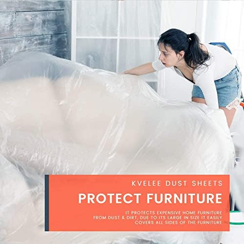 KVELEE 6 Pack Extra Large Plastic Dust Sheets for Decorating 3.6 x 2.7m (12 x 9ft), Dust Sheet for Painting & Covering Furniture, Plastic Sheeting for Floor Protection, Polythene Sheeting for Painting