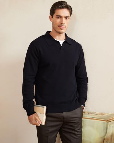 Kallspin Men's Knit Polo Sweater Regular Fit V Neck Cotton Long Sleeve Soft Classic Sweater Pullover2