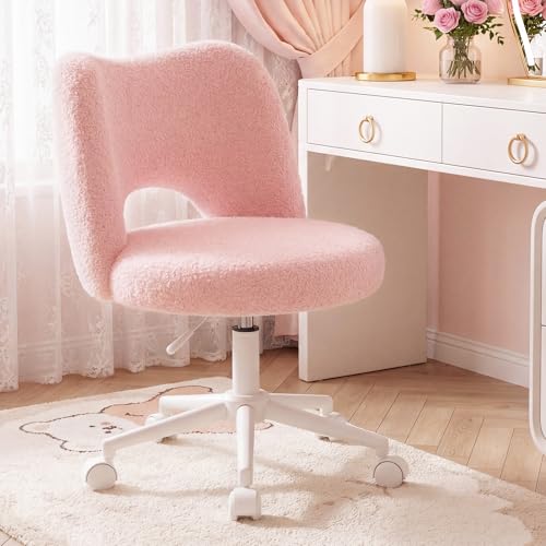 Image of DurayLoly Vanity Chair with Open Back & Wheels,Armless,Pink | Armless,Silent Wheels, Height Adjustable, Soft Teddy Fabric, 360 Swivel for Bedroom Vanity & Home Office, Candy Pink