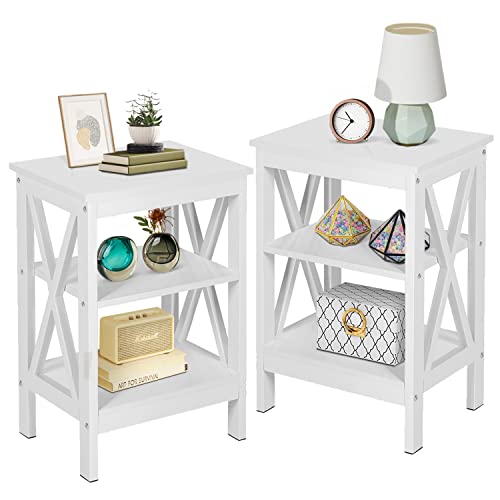 VECELO Nightstand Sofa Side Table with 3-Tier Storage Shelf for Living Room, Bedroom, Stable Steel Frame, Easy Assembly, End 2 Set, White VECELO Nightstand Sofa Side Table with 3-Tier Storage Shelf for Living Room, Bedroom, Stable Steel Frame, Easy Assembly, End 2 Set, White