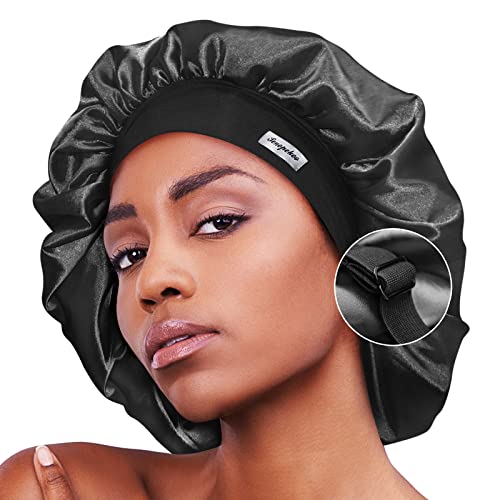 senopekoo Double Layer Satin Bonnet Sleep Cap for Women - Extra Large Adjustable Silky Hair Bonnet for Sleeping, Wide Soft Elastic Band - Curly Hair/Long Hair/Braids/Dreadlocks