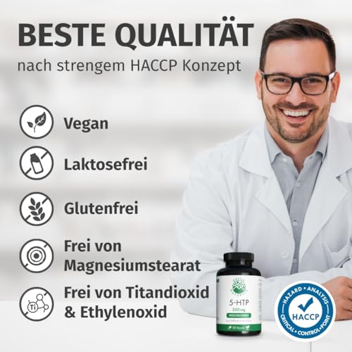 Green Naturals® 5-HTP Kapseln – Hochdosiert: 200 mg 5-HTP aus Griffonia Simplicifolia – 100 % Vegan & Ohne Zusätze – 180 Kapseln (6 Monate) – Premiumqualität aus Deutschland