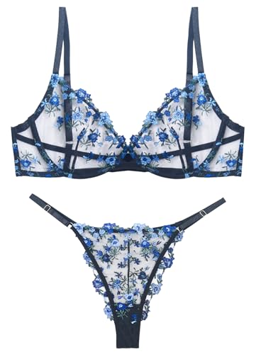 AIEOE Dessous Sets Damen BH BH Set Spitze BH und Slip Bra Panty Lingerie Sexy Unterwäsche mit verstellbaren Trägern - S