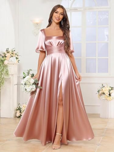 Women's Satin Bridesmaid Dresses with Sleeves Pleated Long Evening Gown 2025 Square Neck Formal Dress4