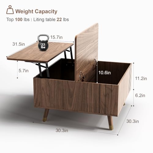 Image of JOINICE Square Lift Top Coffee Table with Storage for Living Room,Walnut | 32 inch Multi-functional Pop Up Center Table,Large Hidden Compartments with Solid Wood Legs,Lift to 23 inch,Hold 100lbs,Easy Assembly