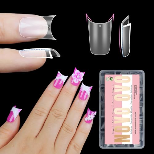 NOVO OVO Halloween Extra Thick Short Duck Feet Nail Tips with Moon Curve Full Cover Press on Acrylic Clear Pre-Etched Matte Flare Wide French Soft Gel Fake False Nail Extension x 15 Sizes 240 pcs