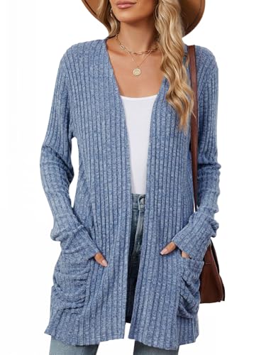 Image of Les umes Womens Open Front Lightweight Knit Cardigans V Neck Loose Long Sleeve Sweaters with Pockets