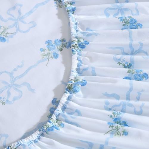 Image of Laura Ashley - Queen Size Sheet Set, Crisp & Lightweight Cotton Percale Bedding with Fitted Sheet and Pillowcases, Floral Room Decor, Deep Pocket, College Dorm Room Essentials (Floral Ribbon Blue)