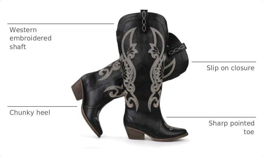 Image of Hawkwell Women's Cowboy Cowgirl Boots Slip On Pointed Toe and Block Heel Shoes with Classic Embroidered Pull On Tall Boot for Ladies Dress Western Knee High Boots