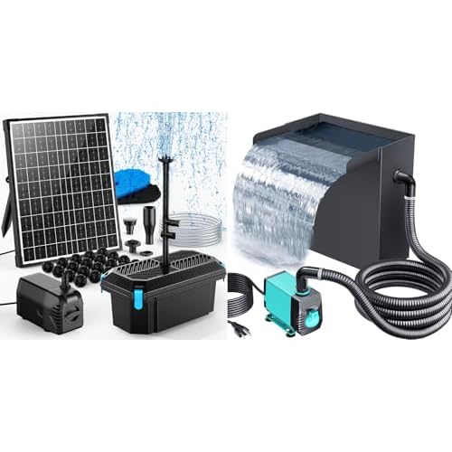 POPOSOAP 20W Solar Pond Filter with Fountain Pump +Pond Waterfall Spillway with Pump Kit, 13.4" H x 12" W Stainless Steel Pond Waterfall Box with Pond Pump, Filtration, 10FT Corrugated Tubin