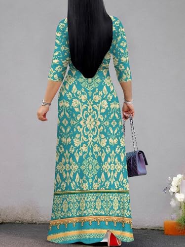 Image of Women's V Neck Floral Maxi Dress 3 /4 Sleeve Plus Size Boho Wrap Flowy Long Dresses with Belt