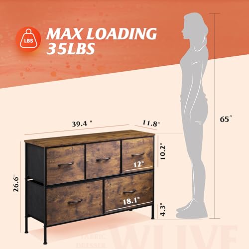 Image of WLIVE Dresser for Bedroom with 5 Drawers, Long Fabric Dresser, Storage Drawer Unit with Fabric Bins for Closet, Hallway, Rustic Brown Wood Grain Print, Size L