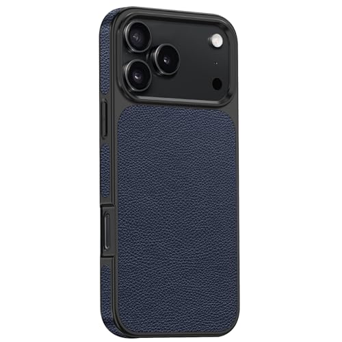 Étui iPhone 17 Pro antichoc et antidérapant en cuir véritable bleu haute protection