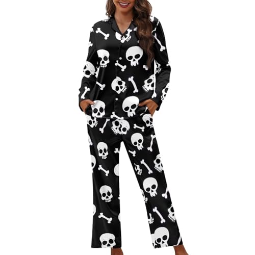 Womens Pajama Sets Holiday Party Funny Print Button Down Sleepwear Long Sleeve Lounge Set