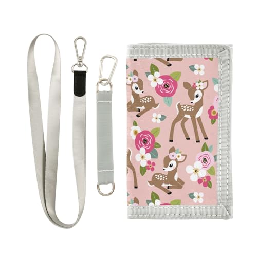 Floral Cute Fawn Kids Wallet for Boys Girls, Teen Canvas Trifold Purse with Zipper Coin Pocket