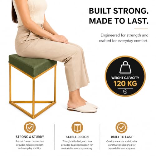 Image of Modern Velvet Triangular Vanity Stool with Gold Metal Frame | Upholstered Makeup Chair for Dressing Table | Accent Seating for Bedroom, Living Room & Home Decor-Olive Green.