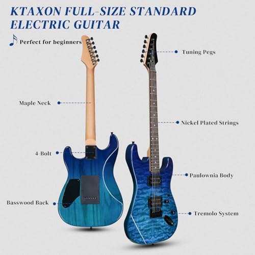 Image of Ktaxon 39 Inch Solid Body Electric Guitar with H-H Pickup, Ocean Blue | 6 Strings Guitarra Electrica with Gig Bag, Strap, Whammy Bar, Maple Neck for Beginners & Musicians, Rock Metal, Right Hand