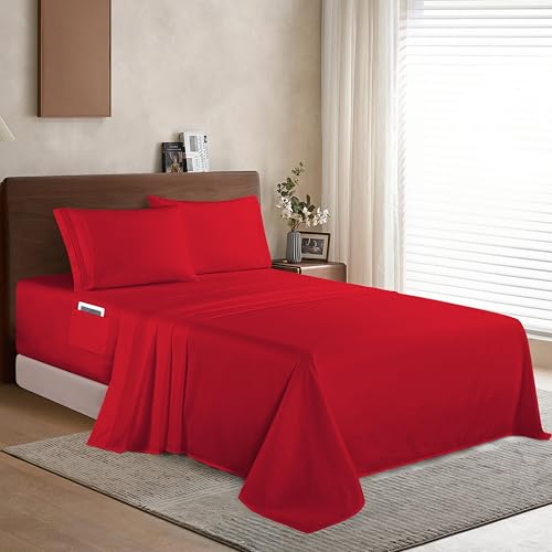 Elegant Comfort Luxury 1500 Premium Hotel Quality Microfiber 4-Piece Sheet Set - Soft, All Around Elastic 18-24 Inches Deep Fitted Sheet - Extra Deep Pocket Sheets, Queen, Red