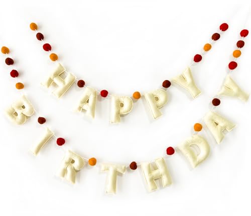 Boho Felt Happy Birthday Banner, Bohemian Birthday Party Decorations,Natural Handmade Wool Letters, Balls, Boho Happy Birthday Garland for kids Birthday Parties Window Door Mantels Decor Ready To Hang