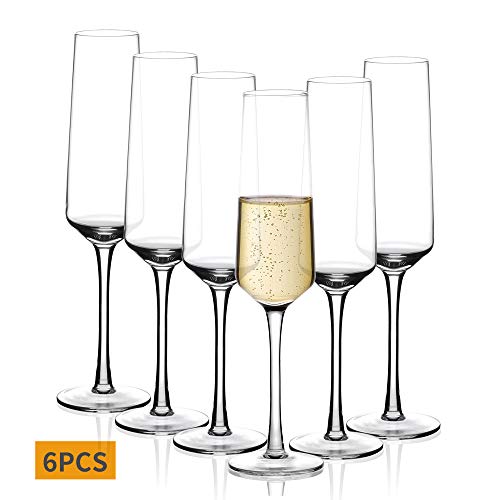 Amisglass Bicchieri da Champagne, Calici da Champagne Set 6 Pezzi Bicchieri Flute da Champagne e Prosecco in Vetro Cristallo Premium, 100% Senza Piombo, Soffiato a Mano - 280 ml