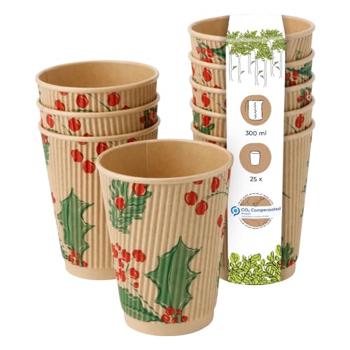 BIOZOYG 25 Stück braune Riffelbecher/Kaffeebecher Pappbecher Wintermotiv 'Zweige' 300ml / 12 oz - umweltfreundlich recycelbar & ungebleicht - Kaffeebecher to go