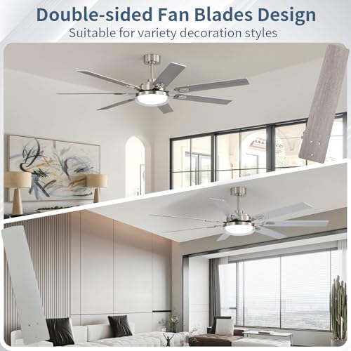 Image of 64 Inch Ceiling Fans with Lights and Remote,Living Room Office Library Cafe Outdoor, 5CCT Dimmable, Dual Color 7 Blades, 6 Speed Reversible Quiet DC Motor, Dual-Layer Shade, Sand-nickel /Wood Grain