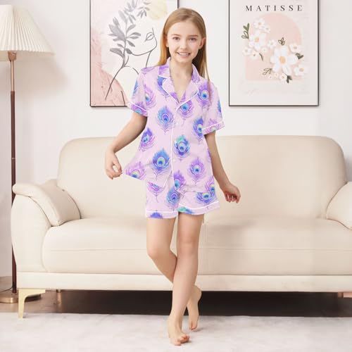 Pastel Watercolor Peacock Feathers Pajamas Set Summer Button Down Sleepwear Pjs Sets Comfy Loungewear4